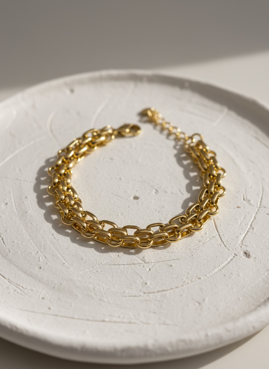 316L Çelik Gold Çift Sıra Örme Zincir Bileklik - Görsel 4