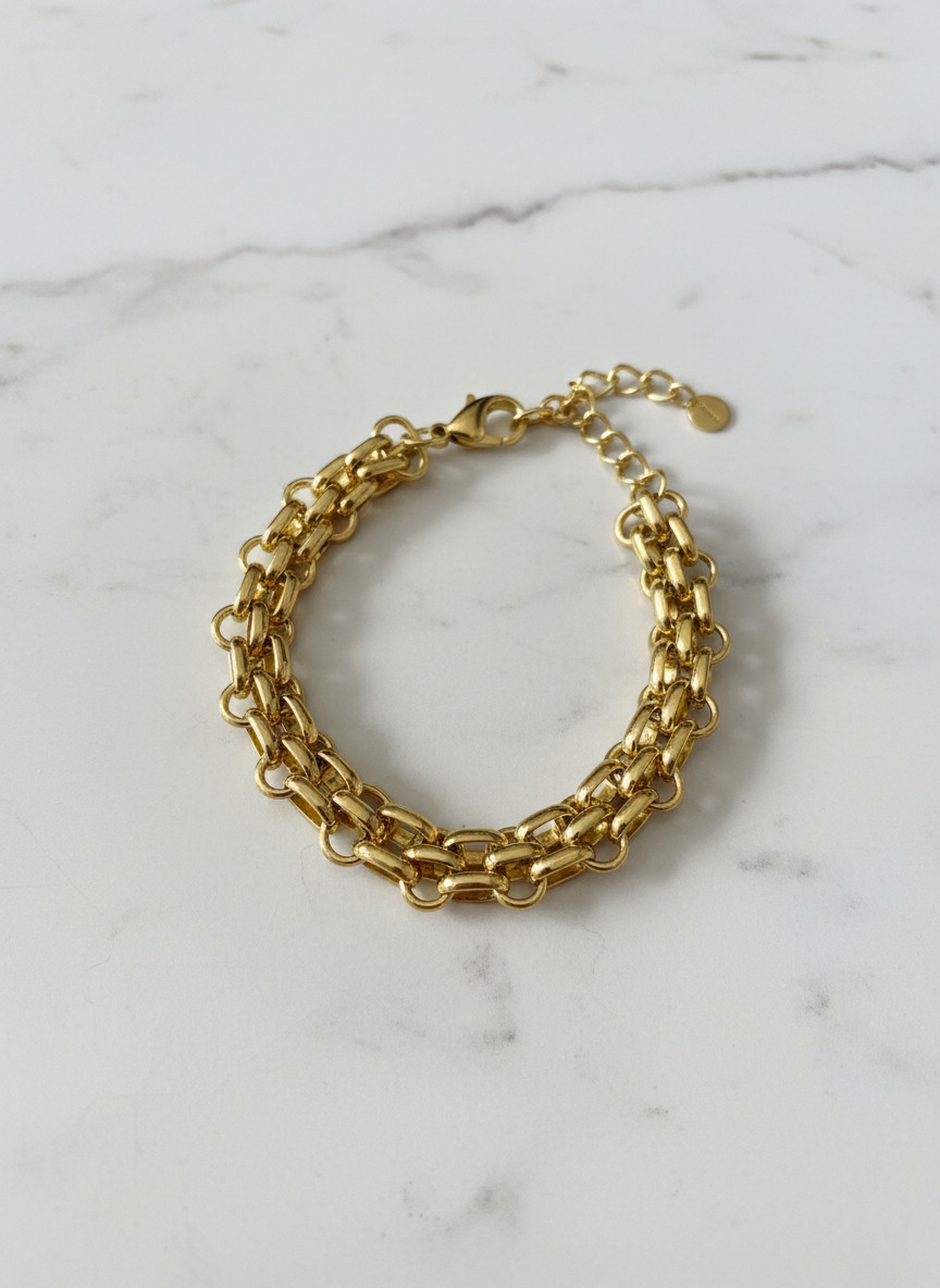 316L Çelik Gold Çift Sıra Örme Zincir Bileklik - Görsel 6