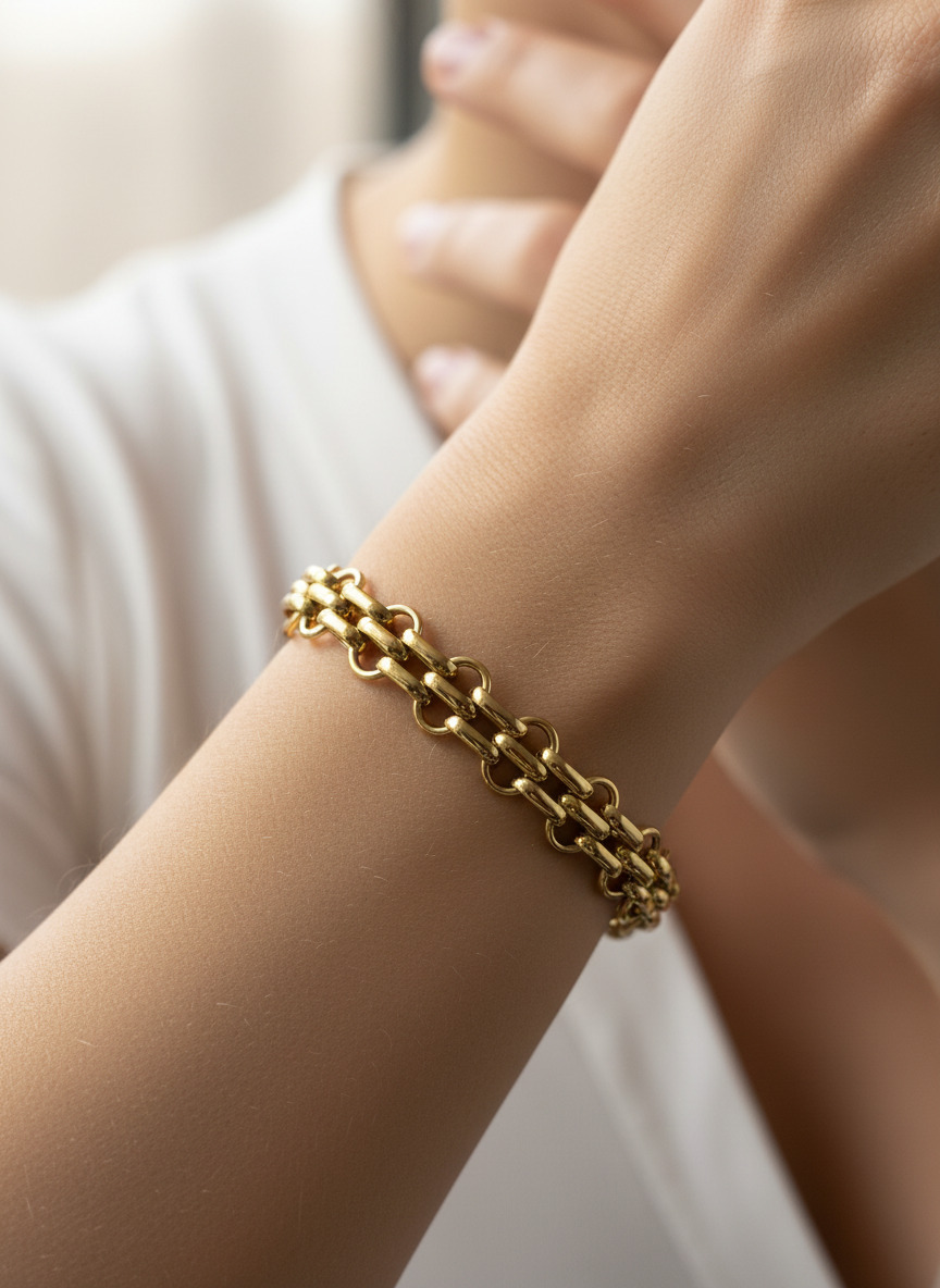 316L Çelik Gold Çift Sıra Örme Zincir Bileklik - Görsel 5