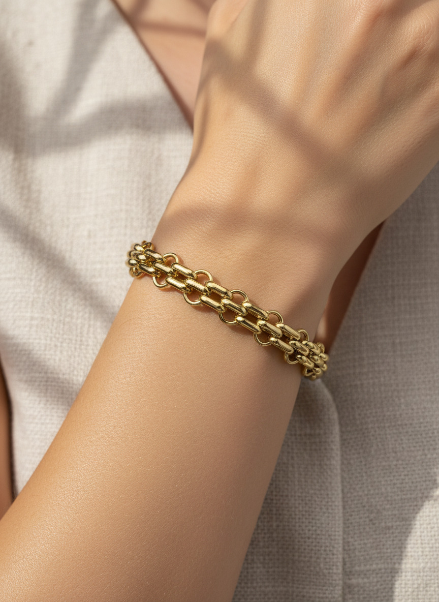 316L Çelik Gold Çift Sıra Örme Zincir Bileklik - Görsel 3