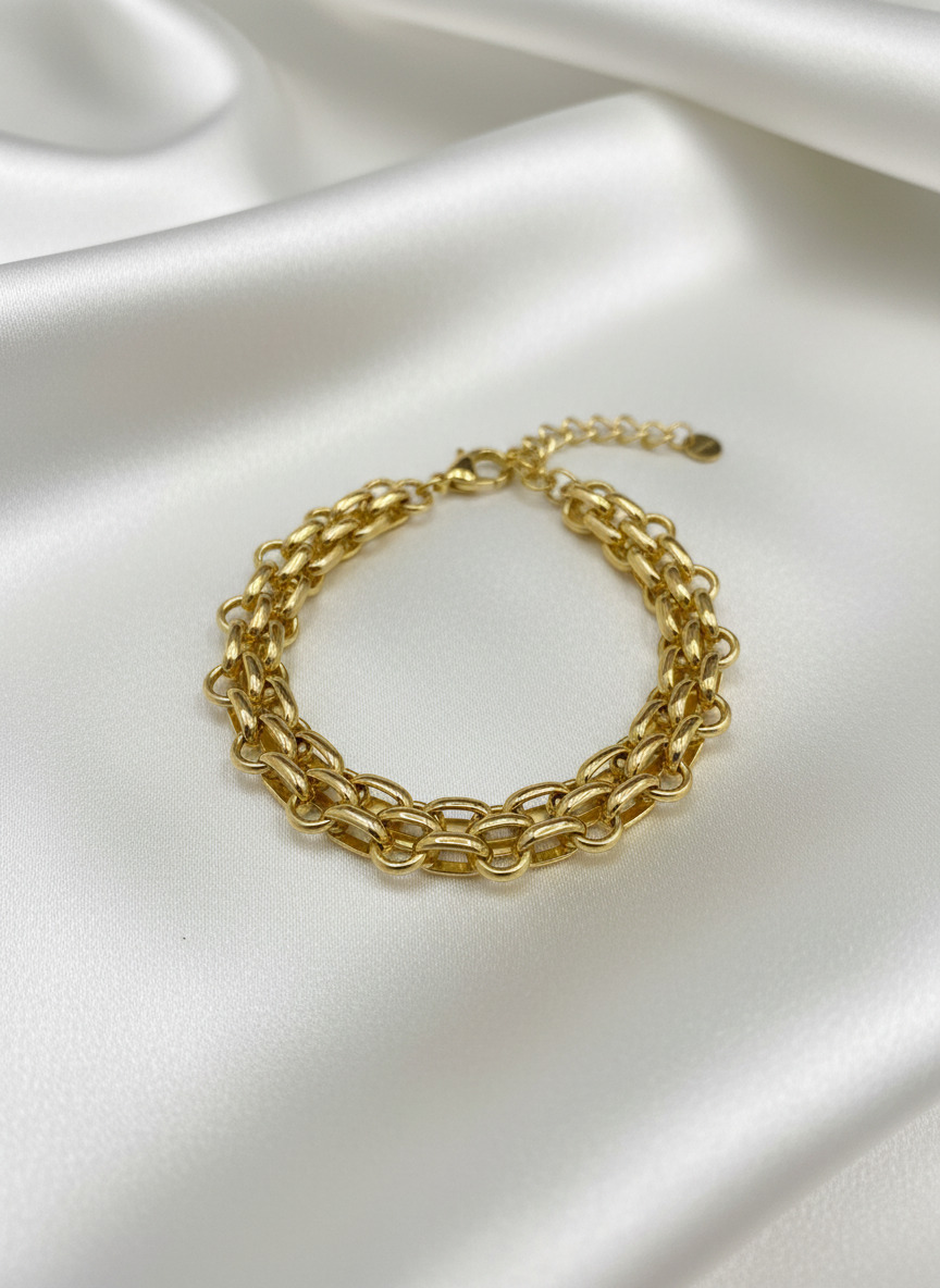 316L Çelik Gold Çift Sıra Örme Zincir Bileklik - Görsel 2