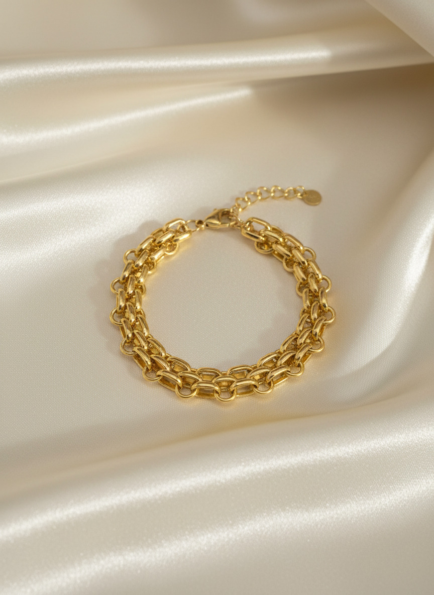 316L Çelik Gold Çift Sıra Örme Zincir Bileklik - Görsel 7