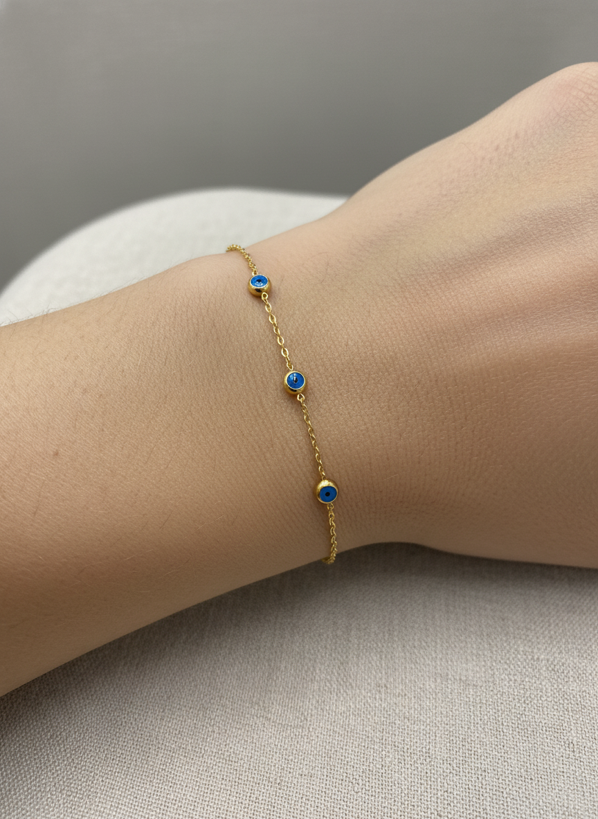 316L Çelik Gold Minimal Nazar Boncuklu Zincir Bileklik - Görsel 3