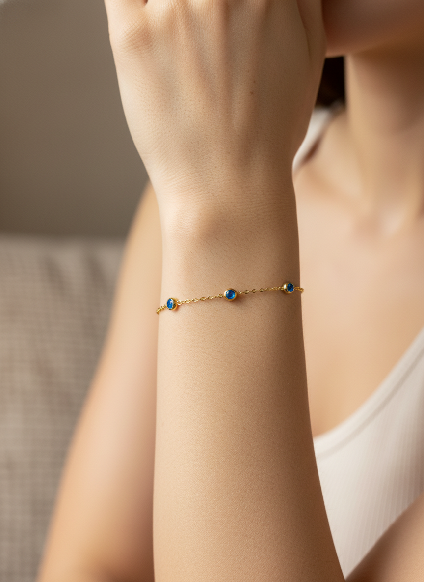 316L Çelik Gold Minimal Nazar Boncuklu Zincir Bileklik - Görsel 2